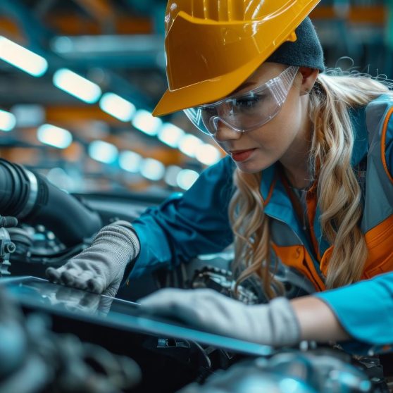 Female inspecting car engine